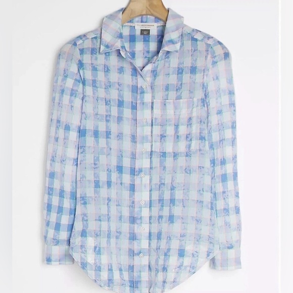 Anthropologie Pilcro Letterpress Cate Blue Neon Tie-Dye Plaid Button-Down Shirt - Picture 4 of 9